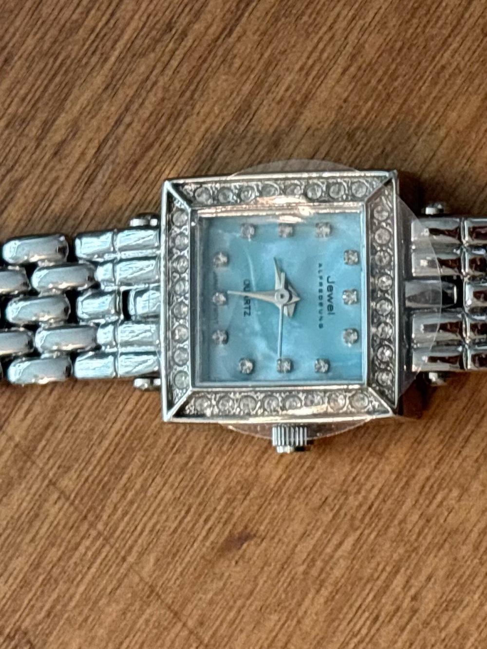 ALFRED SUNG Jewel Art Deco Silver MOP Women's Crystals Square Bracelet Watch - Picture 3 of 10